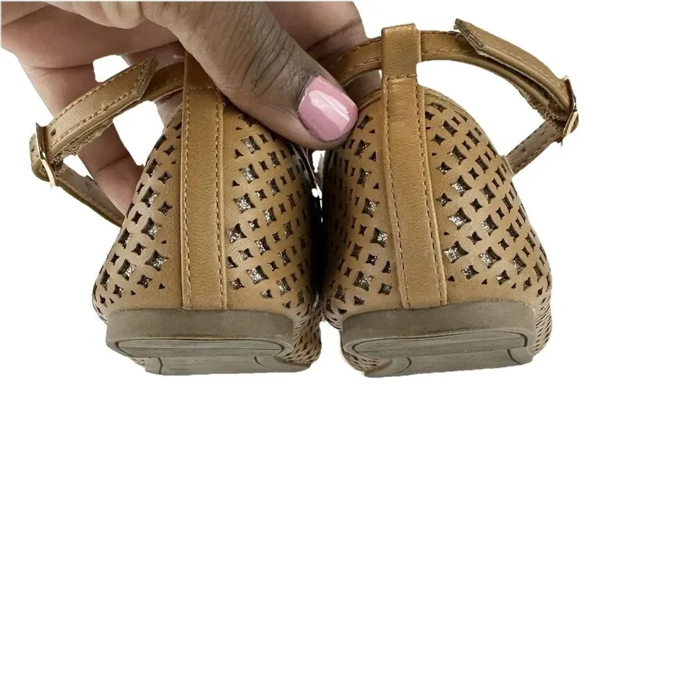 Sugar Evelyn Ballet Flats Girls Sz 2M Tan Brown Buckle Strap Bow Glitter